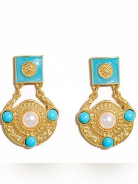 Baroque Turquoise and Gold Drop Earrings with Pearl Accent